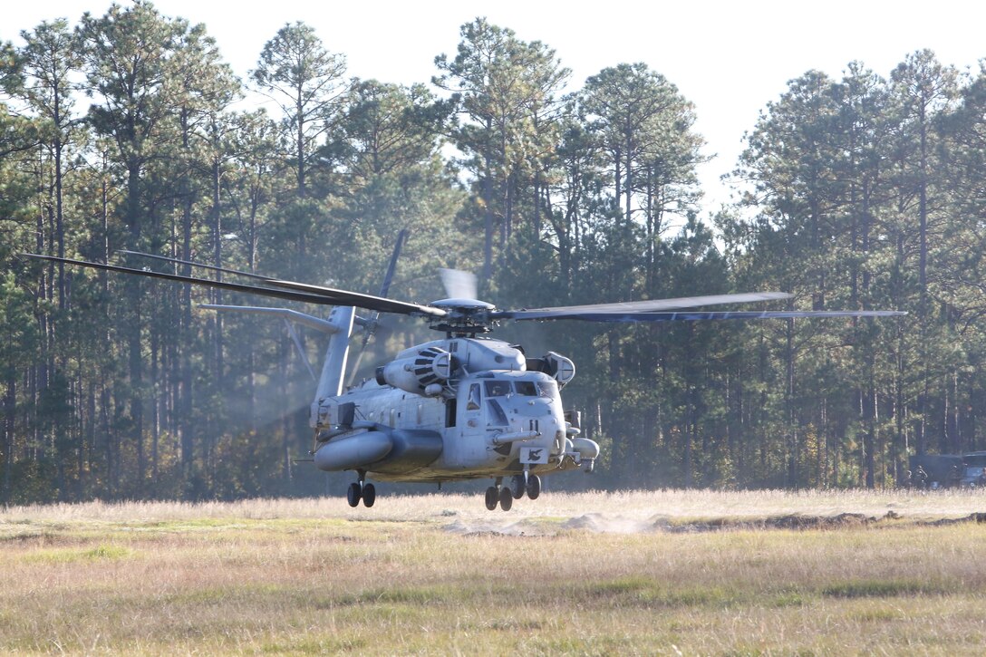 A CH-53E Super Stallion takes off after boarding Marines from 3d Battalion, 8th Marine Regiment at Camp Lejeune, N.C., Oct. 25, 2016. The CH-53E Super Stallion transported the Marines as part of a helicopter operation for the Marine Corps Combat Readiness Evaluation (MCCRE).  The MCCRE allows a regiment level command to evaluate a battalion’s readiness for combat prior to going on deployment. (U.S. Marine Corps photo by Sgt. Clemente C. Garcia)
