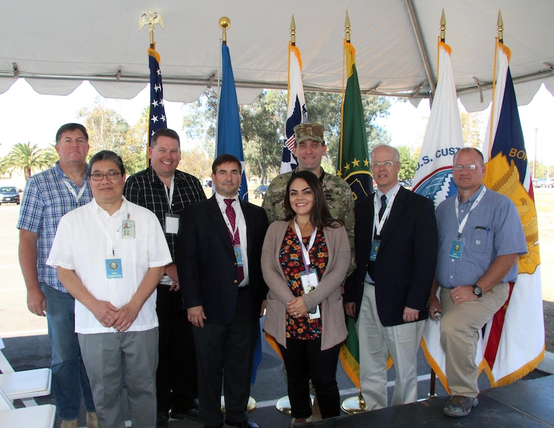 The Los Angeles District team,(left to right), Art Evenson, construction representative, Matt Shun, project manager; Pete Gauer, resident engineer, Santa Ana Dams Resident Office; John Drake, program manager, IIS,  Erin Astudillo, project engineer, Maj. Pete Stambersky, deputy chief of contracting, Norm Boeman, Deputy Chief of Construction Los Angeles District; Shaun Frost, area engineer, Southern California Area Office

U.S. Army Corps of Engineers Los Angeles District, U.S. Customs and Border Protection Air and Marine Operations and March Air Reserve Base officials broke ground, on a new CBP Air and Marine Operations Center expansion construction project here, Oct. 26.