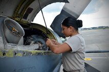 Airman 1st Class Cindy Esquero, 94th Maintenance Squadron avionics guidance and controls, replaces a tachometer generator in an engine at Dobbins Air Reserve Base on September 27, 2016. Esquero is on seasonal orders to learn to maintain the various parts of the C-130. (U.S. Air Force photo by Senior Airman Lauren Douglas)