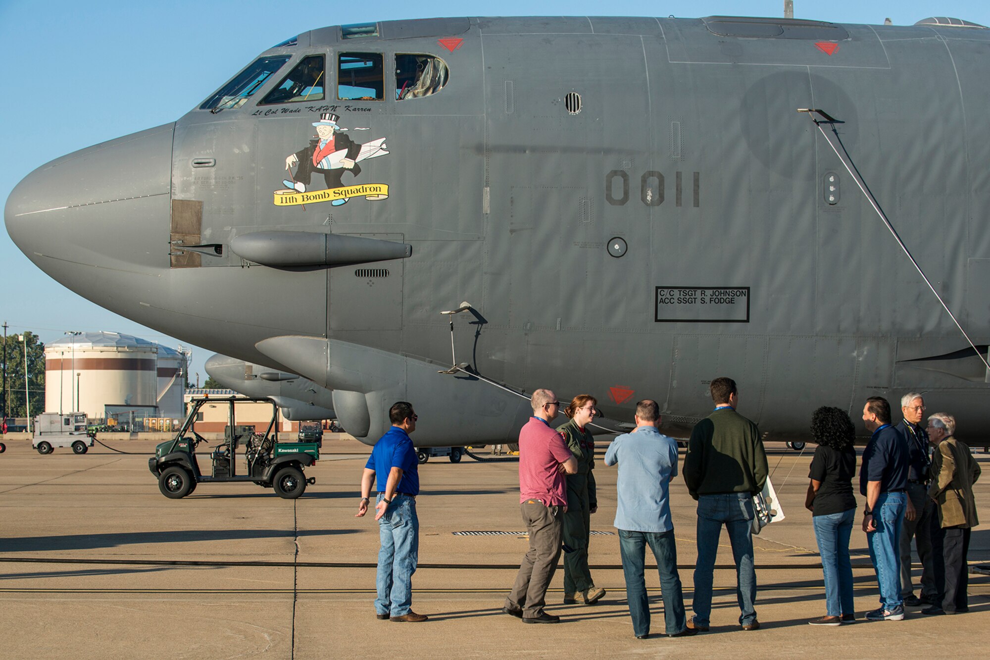 A group of civic leaders get a tour of a 307th Bomb Wing B-52H Stratorfortress bomb bay during a tour on Oct. 28, 2016, Barksdale Air Force Base, La. The tour was hosted by the 433rd Airlift Wing from Lackland Air Force Base, Texas, and visited Barksdale to show the civic leaders the different missions of the Air Force Reserve Command. (U.S. Air Force photo by Master Sgt. Greg Steele/Released)