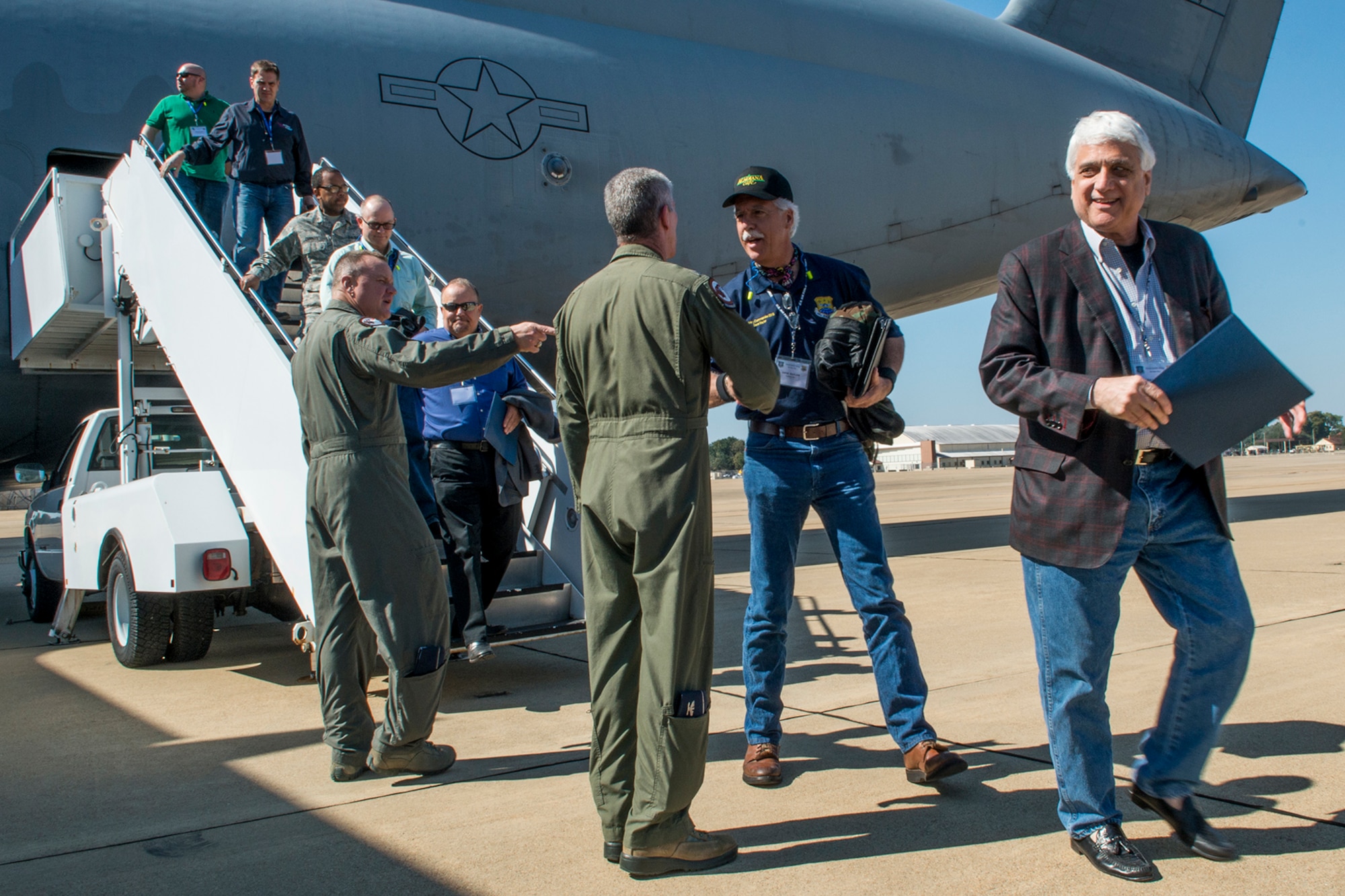 U.S. Air Force Col. Bruce Cox, 307th Bomb Wing commander, and Col. Trey Morriss, 307th Bomb Wing vice commander, greet civic leaders from the San Antonio, Texas, area during a visit to Barksdale Air Force Base, La., Oct. 27, 2016. The tour was hosted by the 433rd Airlift Wing from Lackland Air Force Base, Texas, and travel to Barksdale to get first hand look at the different missions throughout the Air Force Reserve Command. (U.S. Air Force photo by Master Sgt. Greg Steele/Released)
