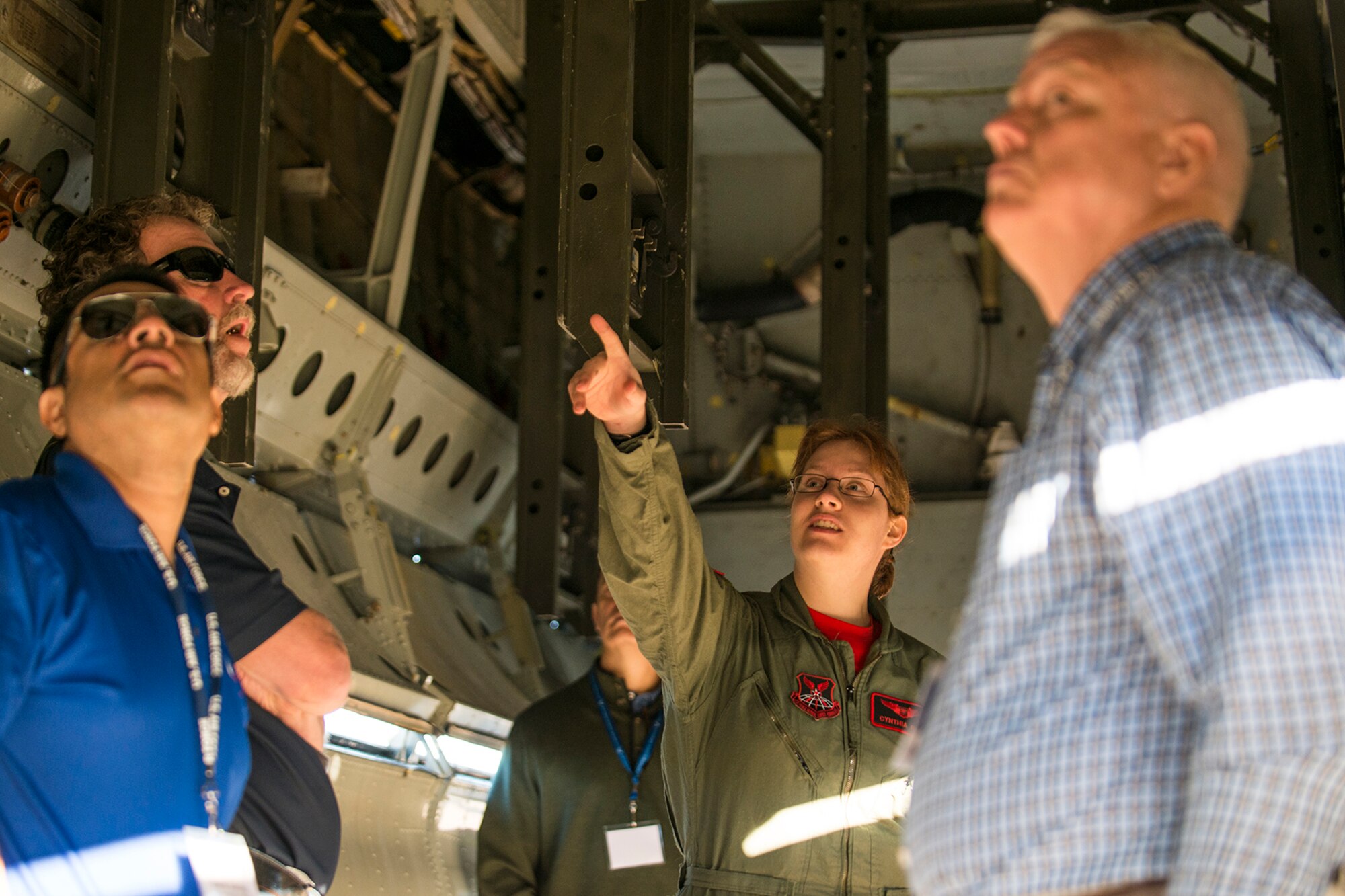 A group of civic leaders get a tour of a 307th Bomb Wing B-52H Stratorfortress bomb bay during a tour on Oct. 28, 2016, Barksdale Air Force Base, La. The tour was hosted by the 433rd Airlift Wing from Lackland Air Force Base, Texas, and visited Barksdale to show the civic leaders the different missions of the Air Force Reserve Command. (U.S. Air Force photo by Master Sgt. Greg Steele/Released)