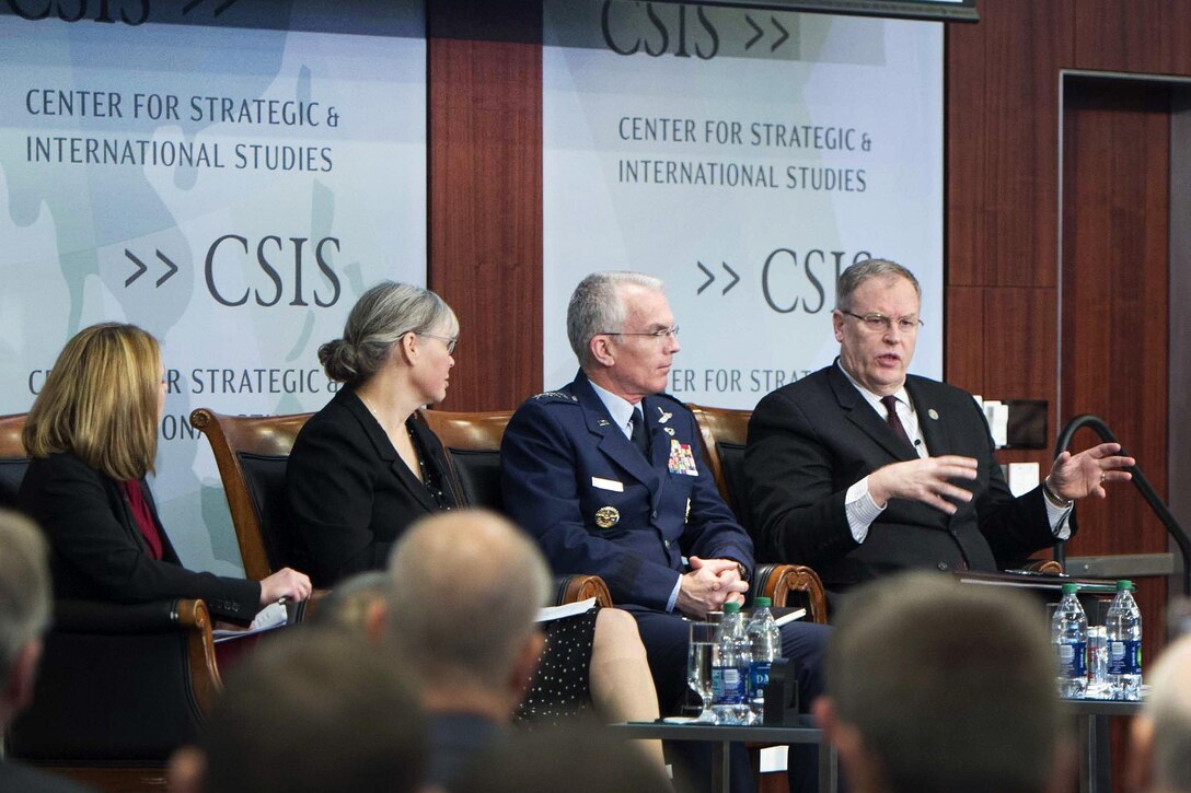 Deputy Defense Secretary Bob Work and Air Force Gen. Paul Selva, vice chairman of the Joint Chiefs of Staff, discuss future innovations and the DoD's Third Offset Strategy at the Center for Strategic and International Studies in Washington, Oct. 28, 2016. DoD photo by Navy Petty Officer 1st Class Tim D. Godbee