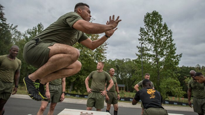 A Force Fitness Instructor (FFI) student executes box jumps as part of the physical training portion of the course at Marine Corps Base Quantico, Virginia, October 5, 2016. The FFI course is made up of physical training, classroom instruction and practical application to provide the students with a holistic approach to fitness. Upon completion, the Marines will 
serve as unit FFIs, capable of designing individual and unit-level holistic fitness programs.  
