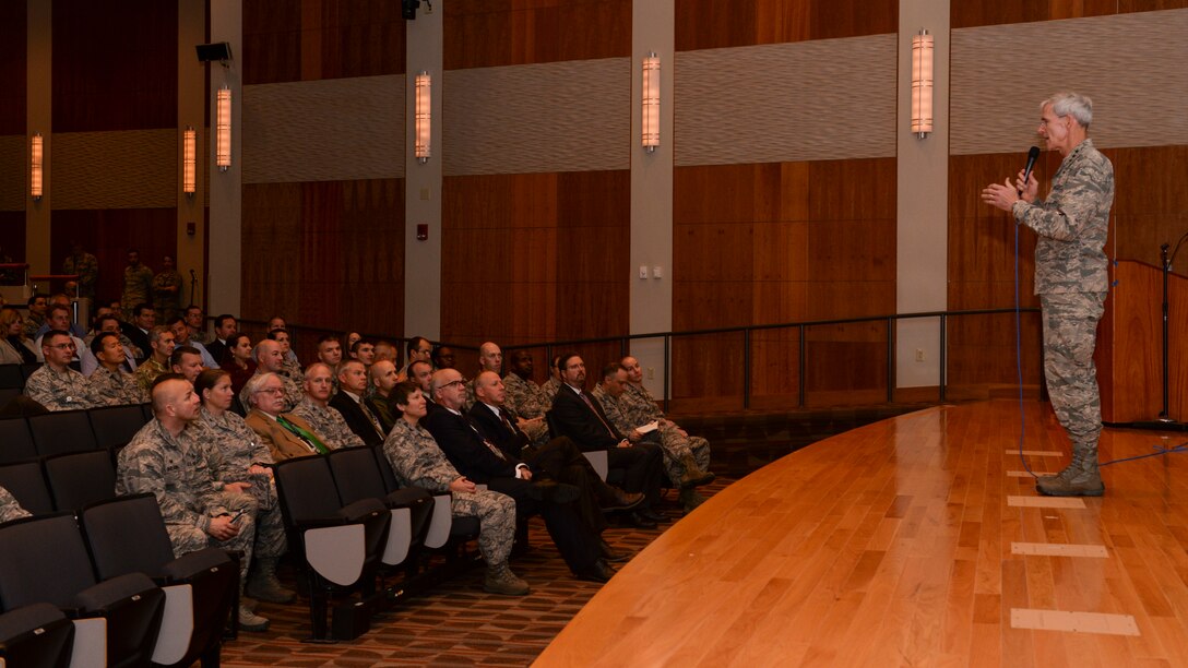 Lt. Gen. Robert Otto, Deputy Chief of Staff for Intelligence, Surveillance and Reconnaissance, Headquarters U.S. Air Force, Washington, D.C., talks with members of the National Air and Space Intelligence Center Oct. 12, at Wright-Patterson Air Force Base, Ohio. Otto is responsible to the Secretary and Chief of Staff of the Air Force for policy formulation, planning, evaluation, oversight, and leadership of Air Force intelligence, surveillance and reconnaissance capabilities. He will retire from the Air Force this November after 34 years of dedicated service. NASIC is a Field Operating Agency that reports to HAF/A2.  (Air Force photo by: Senior Airmen Samuel Earick)