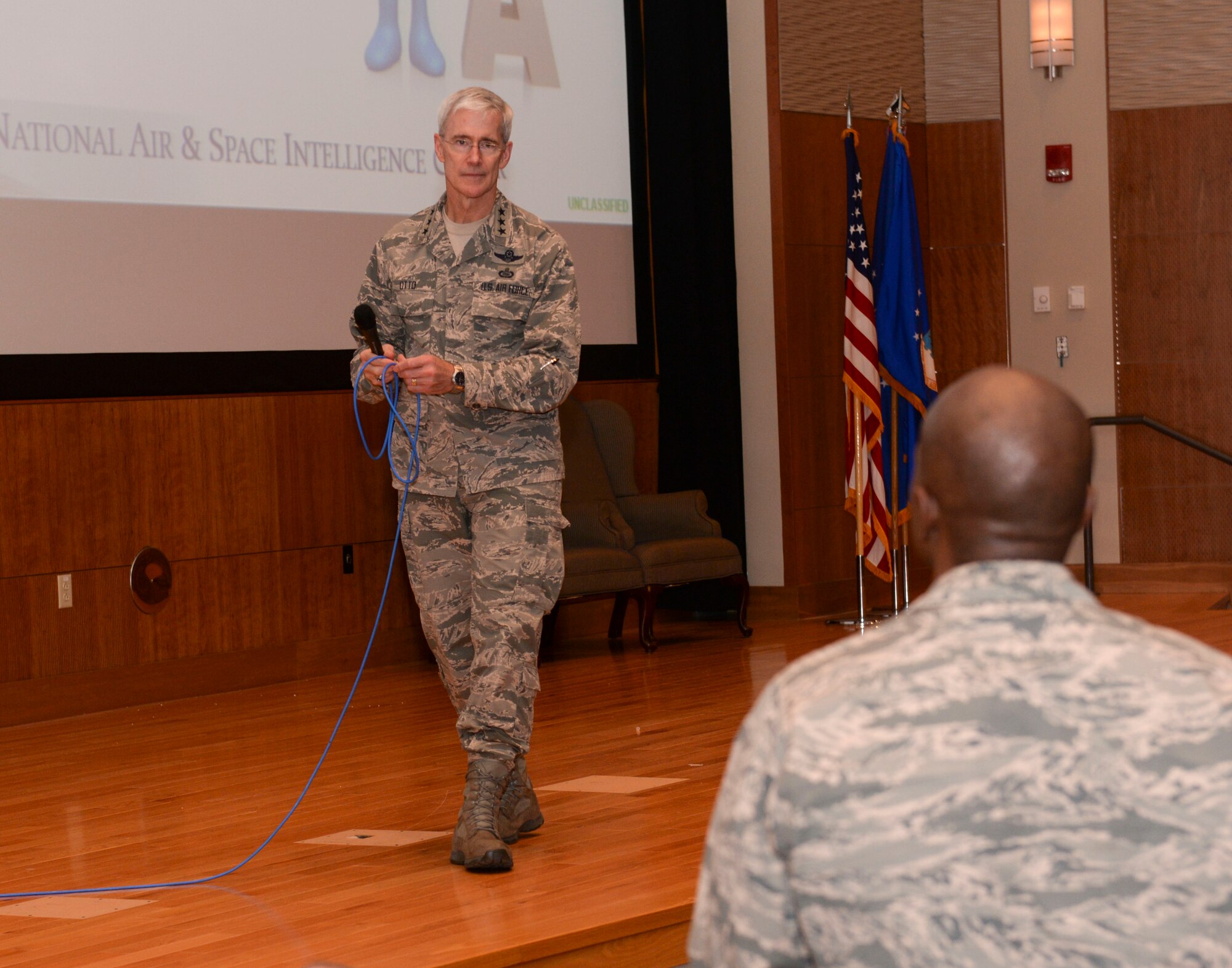 Lt. Gen. Robert Otto, Deputy Chief of Staff for Intelligence, Surveillance and Reconnaissance, Headquarters U.S. Air Force, Washington, D.C. receives questions from members of the National Air and Space Intelligence Center Oct. 12, at Wright-Patterson Air Force Base, Ohio. Otto is responsible to the Secretary and Chief of Staff of the Air Force for policy formulation, planning, evaluation, oversight, and leadership of Air Force intelligence, surveillance and reconnaissance capabilities. He will retire from the Air Force this November after 34 years of dedicated service. NASIC is a Field Operating Agency that reports to HAF/A2. (Air Force photo by: Senior Airmen Samuel Earick)