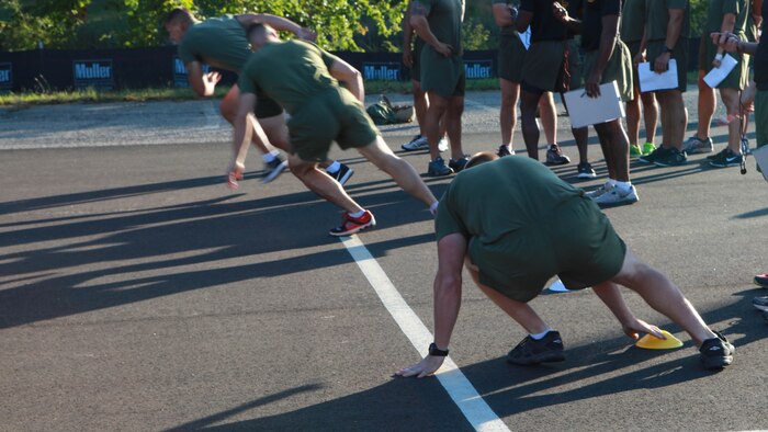 Students at the Force Fitness Instructor Course run gassers as part of a diagnostic test at Marine Corps Base Quantico, Virginia, October 6, 2016. The test evaluates the physical abilities of the students and determines their level of fitness of the Marines during the course. The FFI Course is designed to train and certify Marines to serve as unit FFIs, capable of designing individual and unit-level holistic fitness programs.  