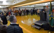 Lt. Col. Andy McQuade, 627th Air Base Group deputy commander, thanks Airmen for volunteering during a Day of Service Oct. 27, 2016, at Thurston County Fairgrounds Olympia, Wash. 200 Airmen volunteered more than 1,000 hours of labor and $20,000 value worth of work. (U.S. Air Force photo/Senior Airman Jacob Jimenez) 