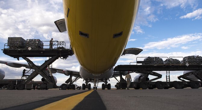 Members with the 366th Logistics Readiness Squadron load a Boeing 747 with equipment for the 389th Fighter Squadron deployment to Southwest Asia in support of Operation Inherent Resolve, Sept. 29, 2016, at Mountain Home AFB, Idaho. Members from the LRS deployment and distribution flight worked around the clock to ensure all personnel and equipment made it safely to the area of operations. (U.S. Air Force photo by Senior Airman Jeremy L Mosier/Released)
