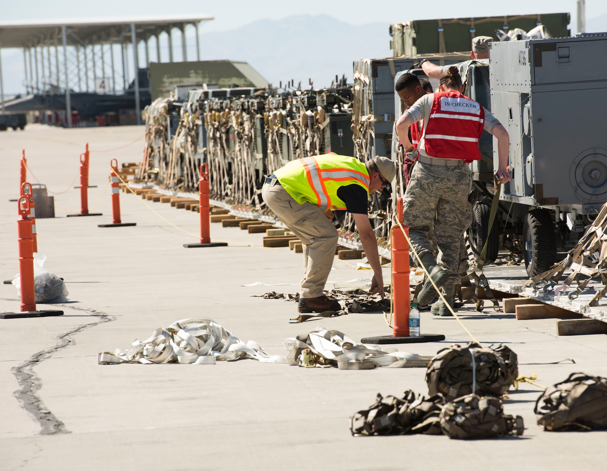 366th Logistics Readiness Squadron personnel prepare cargo in support of deployment operations Oct. 11, 2016 at Mountain Home Air Force Base, Idaho. The 389th Fighter Squadron deployed to Southwest Asia in support of Operation Inherent Resolve. (U.S. Air Force photo by Airman Alaysia Berry/Released)