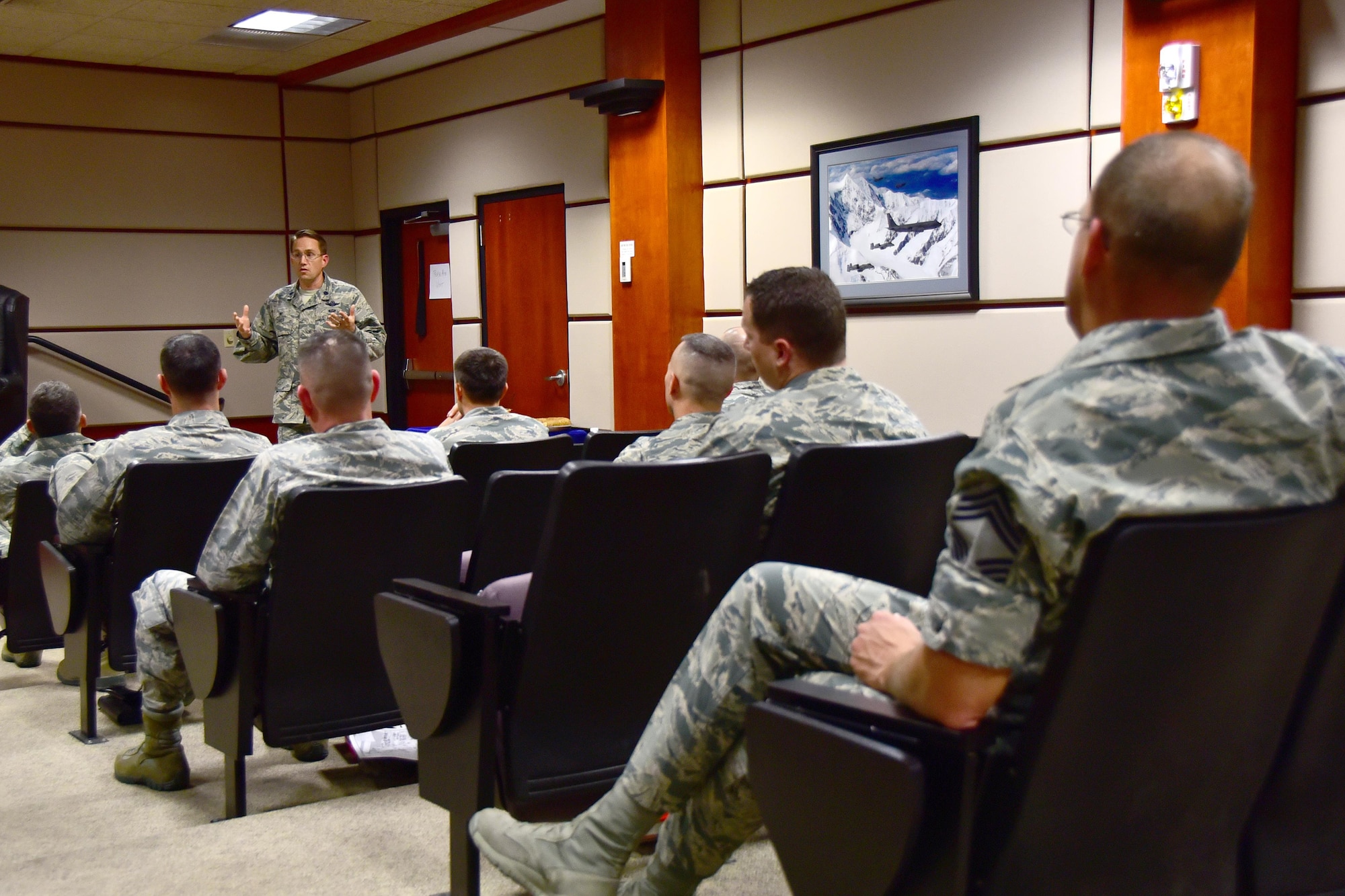 Lt. Col. Josh Zaker, 64th Air Refueling Squadron commander speaks to 22nd Air Refueling Wing leadership Oct. 20, 2016, at McConnell Air Force Base, Kan. Zaker visited McConnell to learn about how the base is preparing to receive the KC-46A Pegasus so he could apply the practices at his home unit of Pease Air National Guard Base, N.H. (U.S. Air Force photo/Senior Airman Trevor Rhynes) 