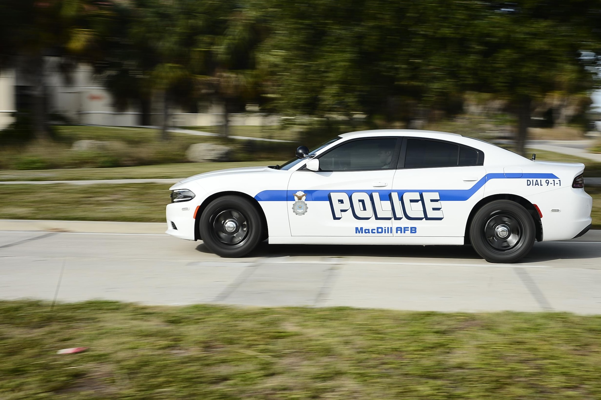 A 6th Security Forces Squadron (SFS) patrol car secures MacDill Air Force Base, Fla., Oct, 28, 2016. The 
6th SFS received six new Dodge Chargers that are fully equipped with the necessary tools to accomplish the bases law enforcement and security mission. (U.S. Air Force photo by Senior Airman Tori Schultz)

