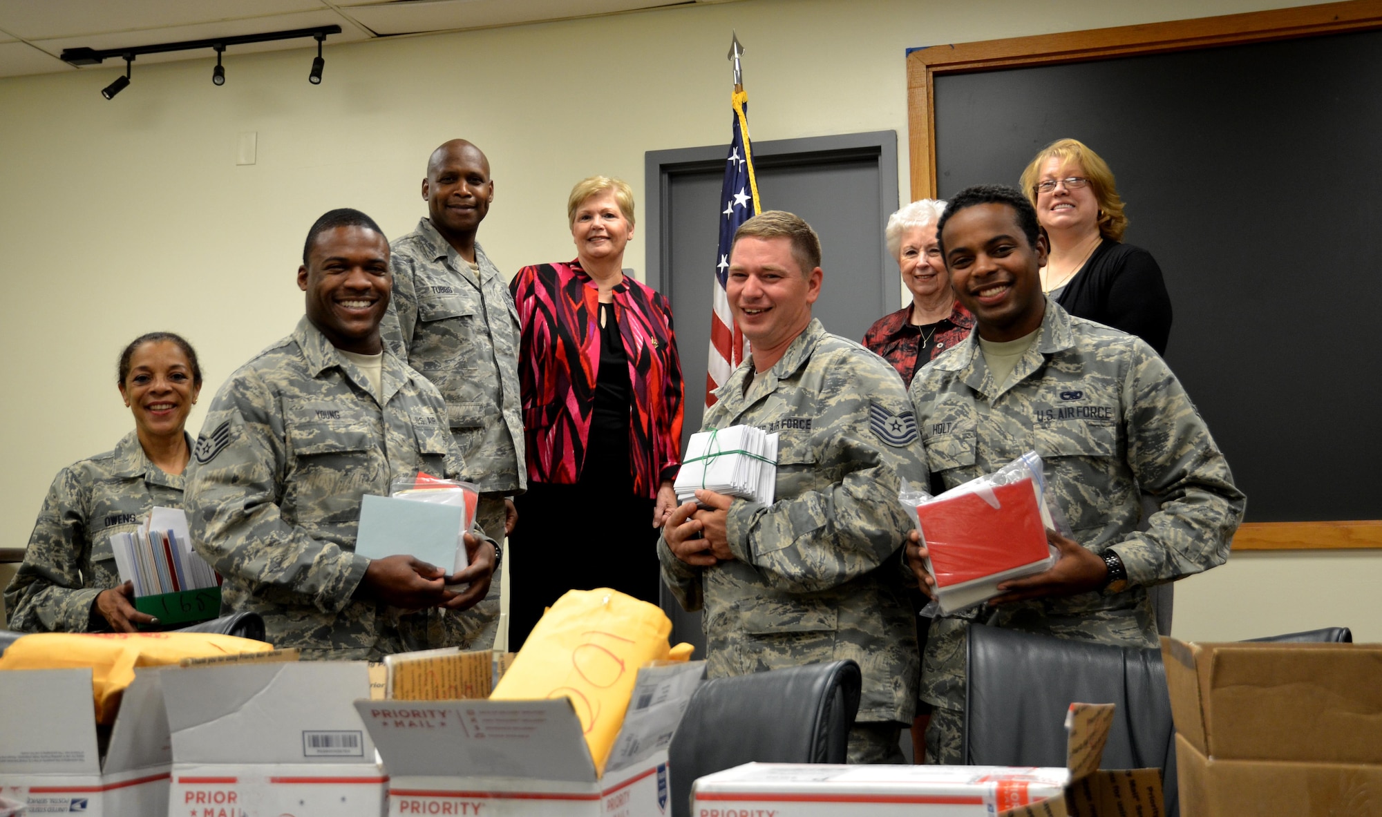 Members of the Order of the Eastern Star Grand Chapter deliver some holiday cheer to deployed troops by donating cards to Airmen at Dobbins Air Reserve Base, Georgia on October 25, 2016. The Eastern Stars gave over 10,000 cards to be sent to troops that may not be in the company of family this holiday. (U.S. Air Force photo by Senior Airman Lauren Douglas)