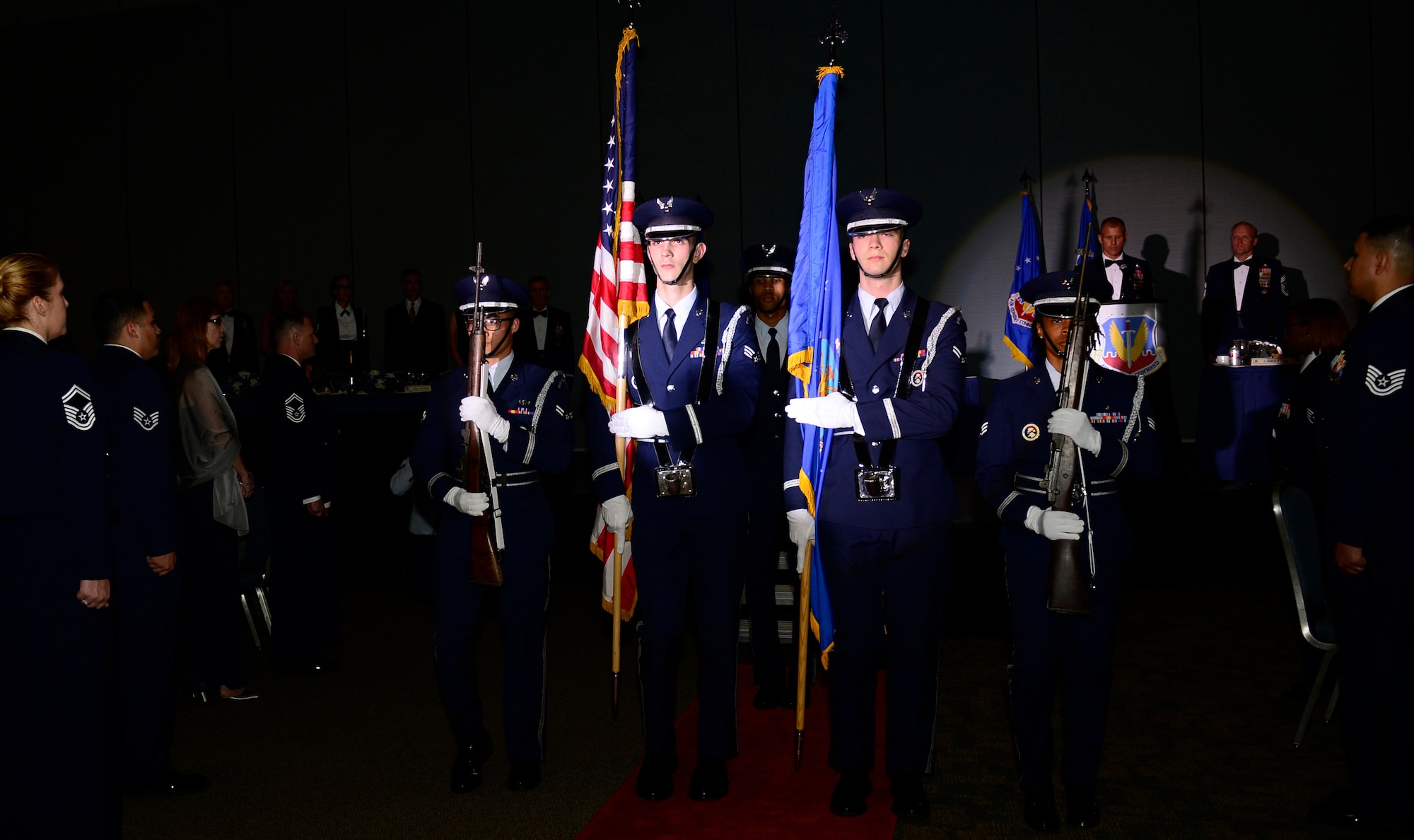 Airmen from the 633rd Air Base Wing Honor Guard present the colors during an Order of the Sword presentation ceremony at the Hampton Roads Convention Center in Hampton, Va., Oct. 27, 2016. The Order of the Sword is the highest honor and tribute enlisted Airmen can bestow upon a commissioned officer. It is patterned after two orders of chivalry founded during the Middle Ages in Europe and still in existence today - the Royal Order of the Sword and the Swedish Military Order of the Sword. (U.S. Air Force photo by Airman 1st Class Kaylee Dubois)