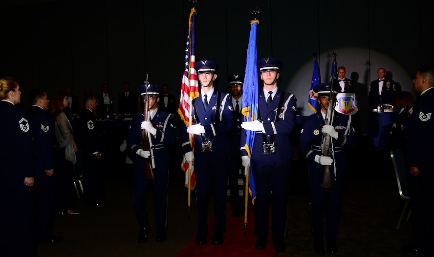 Airmen from the 633rd Air Base Wing Honor Guard present the colors during an Order of the Sword presentation ceremony at the Hampton Roads Convention Center in Hampton, Va., Oct. 27, 2016. The Order of the Sword is the highest honor and tribute enlisted Airmen can bestow upon a commissioned officer. It is patterned after two orders of chivalry founded during the Middle Ages in Europe and still in existence today - the Royal Order of the Sword and the Swedish Military Order of the Sword. (U.S. Air Force photo by Airman 1st Class Kaylee Dubois)