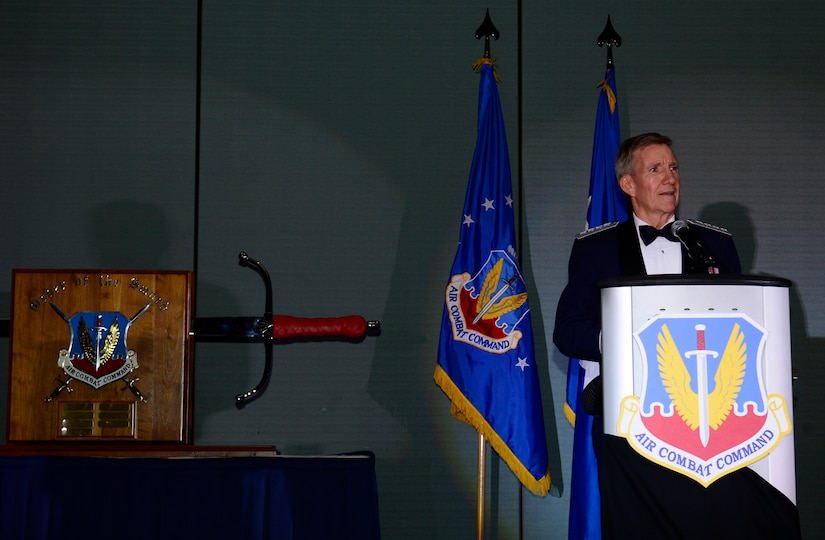 Gen. Hawk Carlisle, commander of Air Combat Command, gives an acceptance speech during his Order of the Sword presentation ceremony at the Hampton Roads Convention Center in Hampton, Va., Oct. 27, 2016. Carlisle, who has commanded ACC since October 2014, is the eighth ACC leader to be inducted into the command's Order of the Sword. (U.S. Air Force photo by Airman 1st Class Kaylee Dubois)