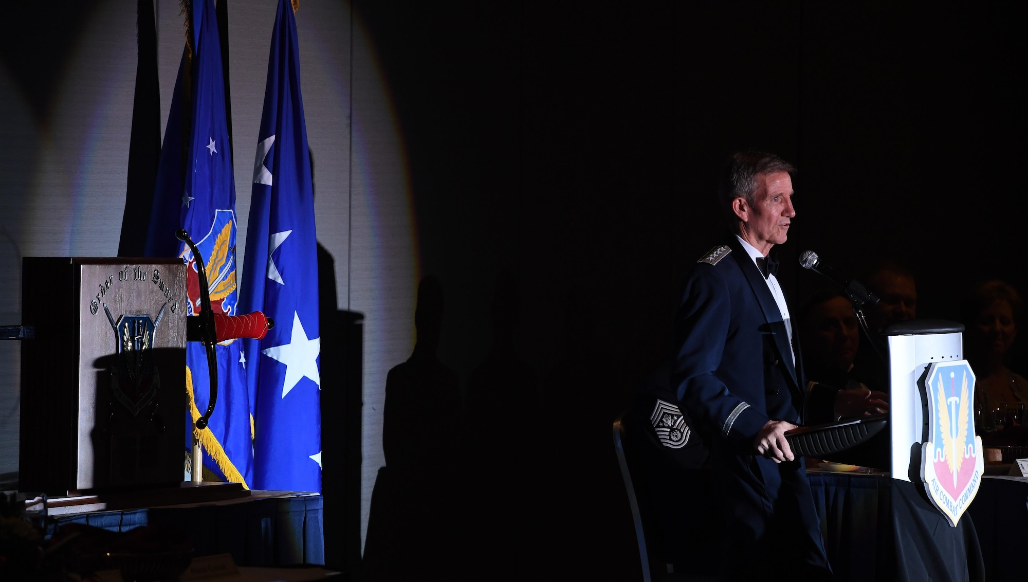 Gen. Hawk Carlisle, commander of Air Combat Command, gives an acceptance speech during his Order of the Sword presentation ceremony at the Hampton Roads Convention Center in Hampton, Va., Oct. 27, 2016. Carlisle, who has commanded ACC since October 2014, is the eighth ACC leader to be inducted into the command's Order of the Sword. (U.S. Air Force photo by Staff Sgt. Nick Wilson)