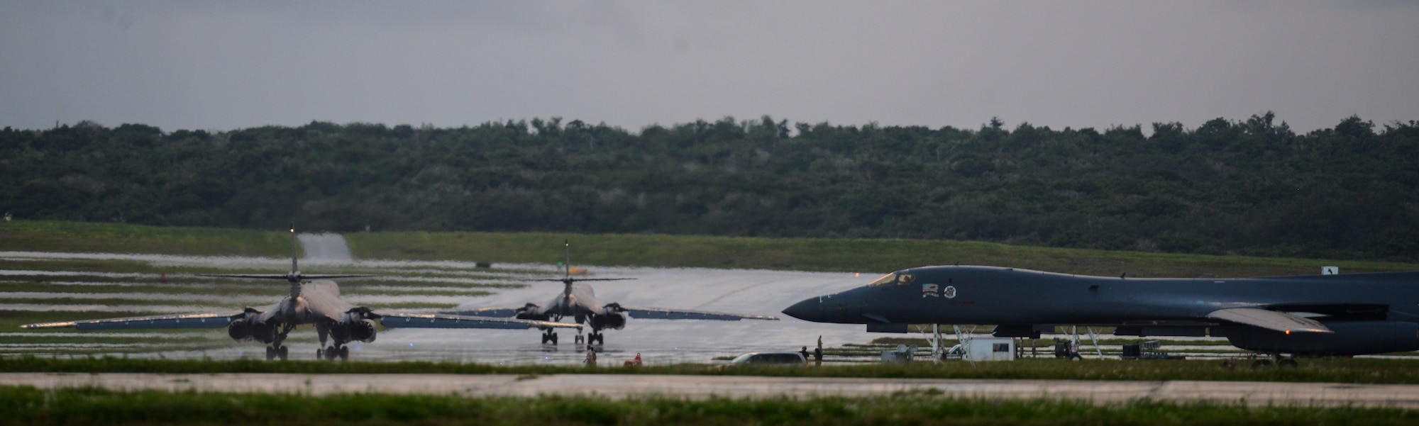 A U.S. Air Force B-1B Lancer assigned to the 34th Expeditionary Bomb Squadron, deployed from Ellsworth Air Force Base, S.D., prepares to takes off Oct. 25, 2016, at Andersen AFB, Guam. The aircraft is deployed in support of the U.S. Pacific Command’s Continuous Bomber Presence operations. (U.S. Air Force photo by Senior Airman Arielle Vasquez/Released)
