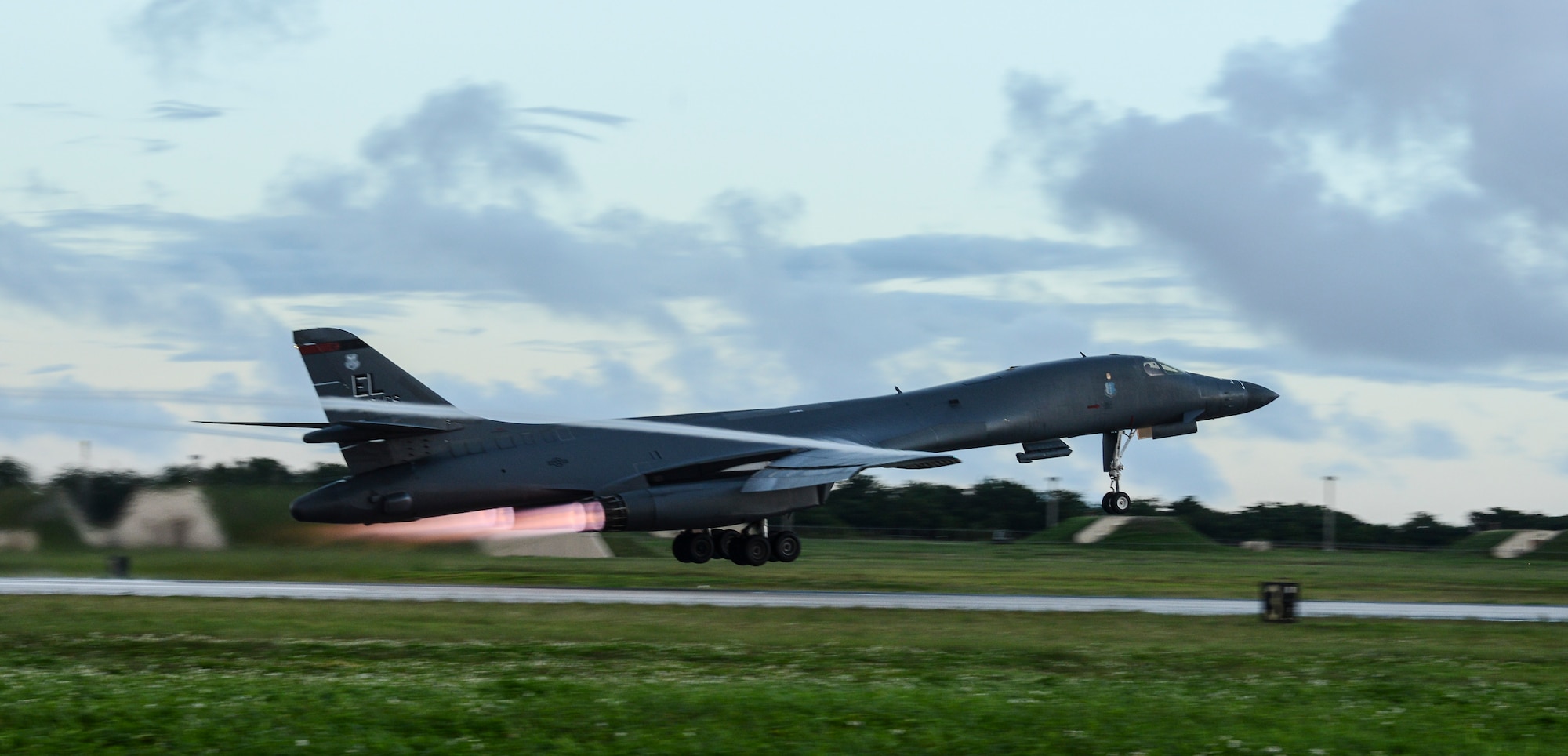 A U.S. Air Force B-1B Lancer assigned to the 34th Expeditionary Bomb Squadron, deployed from Ellsworth Air Force Base (AFB), S.D., takes off Oct. 25, 2016, at Andersen AFB, Guam. The aircraft is deployed in support of the U.S. Pacific Command’s Continuous Bomber Presence operations. (U.S. Air Force photo by Senior Airman Arielle Vasquez/Released)
