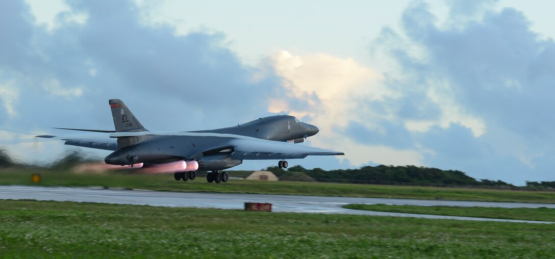 A U.S. Air Force B-1B Lancer assigned to the 34th Expeditionary Bomb Squadron, deployed from Ellsworth Air Force Base, S.D., takes off Oct. 25, 2016, at Andersen AFB, Guam. The aircraft is deployed in support of the U.S. Pacific Command’s Continuous Bomber Presence operations. (U.S. Air Force photo by Senior Airman Arielle Vasquez/Released)
