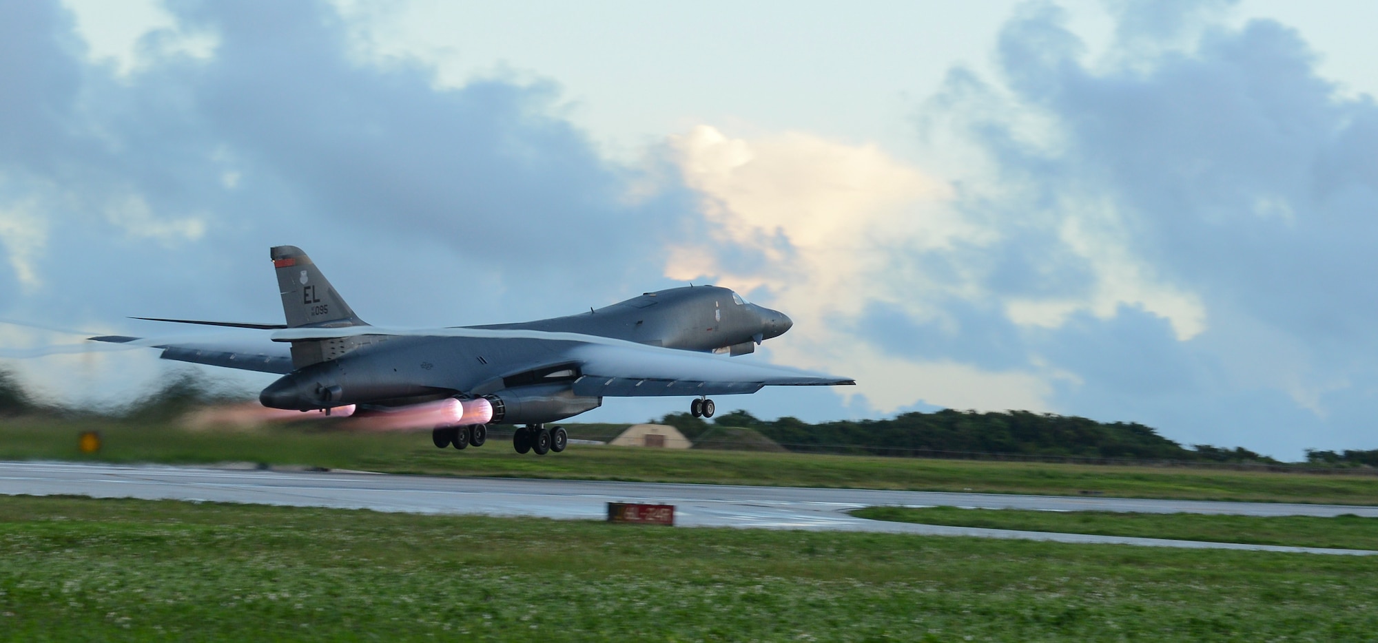 A U.S. Air Force B-1B Lancer assigned to the 34th Expeditionary Bomb Squadron, deployed from Ellsworth Air Force Base, S.D., takes off Oct. 25, 2016, at Andersen AFB, Guam. The aircraft is deployed in support of the U.S. Pacific Command’s Continuous Bomber Presence operations. (U.S. Air Force photo by Senior Airman Arielle Vasquez/Released)
