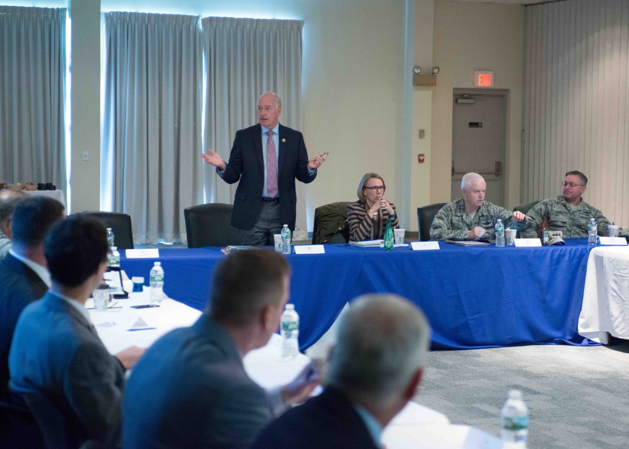 The 102nd Intelligence Wing hosts a number of high-ranking military and government officials as well as innovators from several high-tech energy companies during a leadership summit at Otis Air National Guard Base Oct. 25, 2016. The summit focused on the upcoming Otis Microgrid Project, an electrical network that ties into renewable energy sources, can operate if the commercial network fails, and allows the base to reduce its energy costs.(Air National Guard photo by Mr. Timothy Sandland/released)