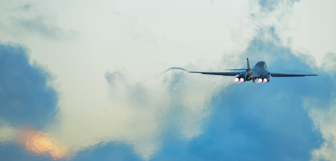 A U.S. Air Force B-1B Lancer assigned to the 34th Expeditionary Bomb Squadron, deployed from Ellsworth Air Force Base (AFB), S.D., takes off Oct. 25, 2016, at Andersen AFB, Guam. The aircraft is deployed in support of the U.S. Pacific Command’s Continuous Bomber Presence operations. (U.S. Air Force photo by Senior Airman Arielle Vasquez/Released)
