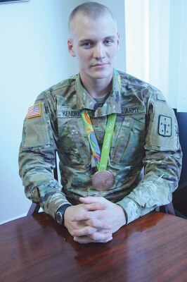 Army 2nd Lt. Sam Kendricks, a Transportation Basic Officer Leaders Course student at the Army Logistics University, won a bronze medal in the pole vault event during the 2016 Summer Olympics in Rio de Janeiro. Army photo by Terrance Bell
