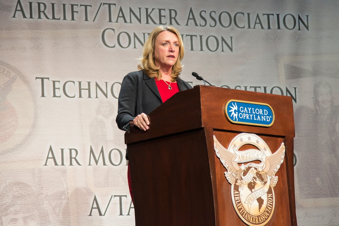 Air Force Secretary Deborah Lee James discusses modernization and how mobility Airmen enable the fight during the 48th Annual Airlift Tanker Association Convention in Nashville, Tennessee, Oct. 28, 2015. The symposium served as a key professional development forum for Mobility Air Forces Airmen by enabling direct access to senior mobility leaders and fostering an environment encouraging open dialogue and honest discussions. (U.S. Air Force photo by Airman 1st Class Melissa Estevez)