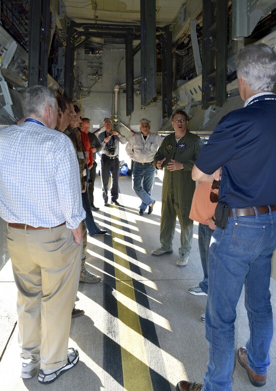 Lt. Col. Ken Wyzywany, 307th Operations Group B-52 Stratofortress weapons systems officer, shows Texas civic leaders the underside of a B-52 while touring the aircraft Oct. 28, 2016 at Barksdale Air Force Base, Louisiana. The group of 23 civic leaders also had the opportunity to fly the B-52 in its flight simulator the day prior as part of a two-day civic leader tour sponsored by the 433rd Airlift Wing and hosted by the 307th Bomb Wing. (U.S. Air Force photo by Tech. Sgt. Lindsey Maurice)  