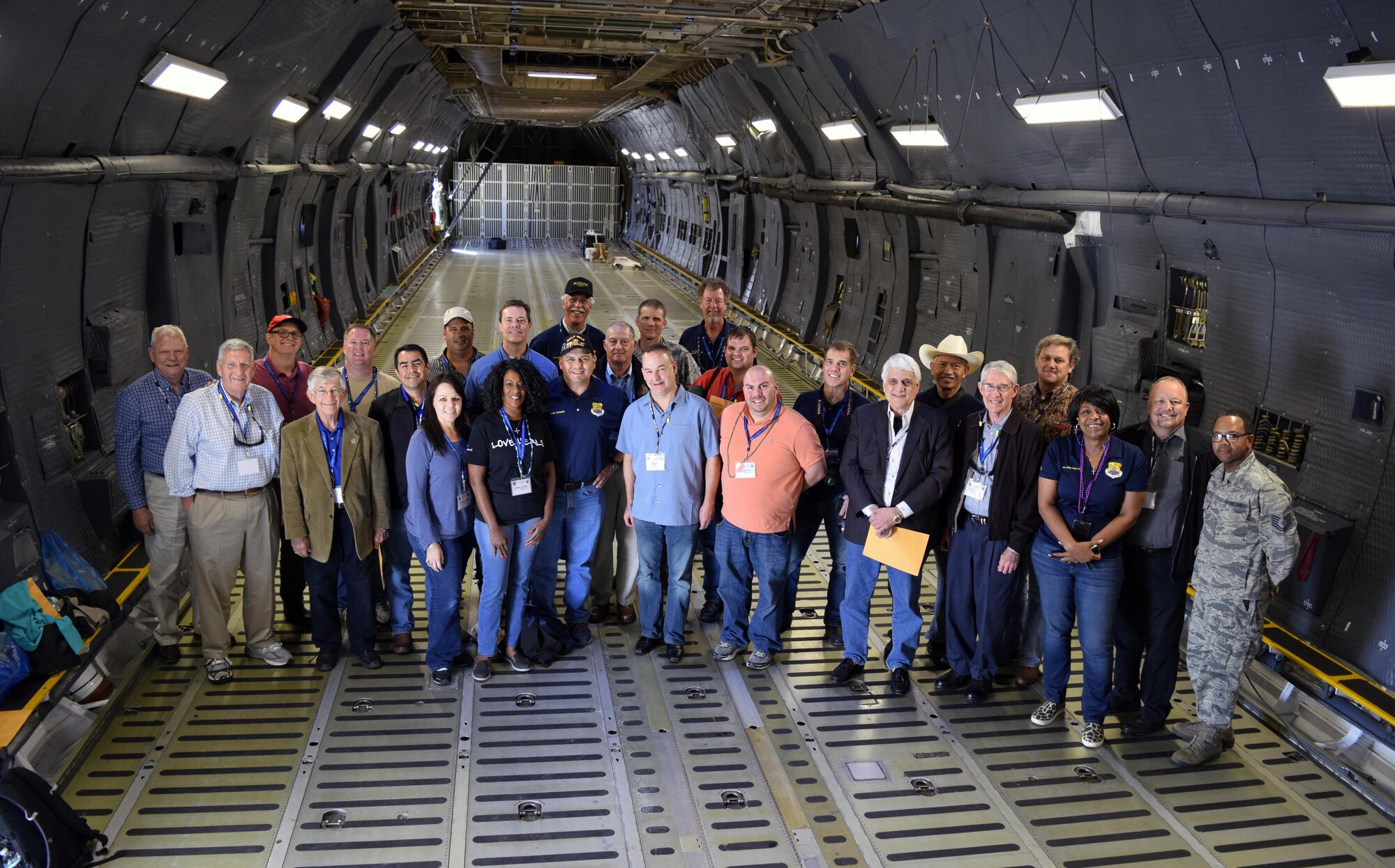 Civic leaders within San Antonio and its surrounding communities pose for a photo in the cargo bay of a C-5M Super Galaxy Oct. 28, 2016 on the Joint Base San Antonio-Lackland, Texas, flight line after returning home from a two-day tour of Barksdale Air Force Base, Louisiana. (U.S. Air Force photo by Tech. Sgt. Lindsey Maurice)  