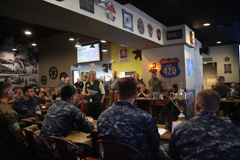 Donnie Koontz addresses Marines and Sailors about the importance of intramural sports aboard Marine Corps Air Station Cherry Point, N.C., Oct. 27, 2016. The air station’s Semper Fit program annually re-awards a trophy to the unit aboard the air station that wins the most championships throughout the year. This year, Naval Health Clinic Cherry Point took home the trophy. Some of the sports they participated in include softball, basketball, football and soccer. Koontz is the athletics director for the MCAS Cherry Point Semper Fit program. (U.S. Marine Corps photo by Lance Cpl. Mackenzie Gibson/Released)