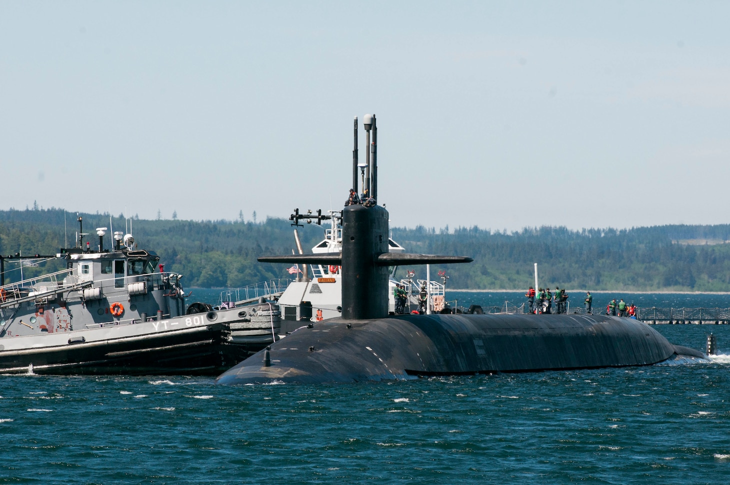 BANGOR, Wash. (May 6, 2016) - The Ohio-class ballistic-missile submarine USS Pennsylvania (SSBN 735) returns to Naval Base Kitsap-Bangor following a routine strategic deterrent patrol. Pennsylvania is one of eight ballistic-missile submarines stationed at the base providing the most survivable leg of the strategic deterrence triad for the United States. (U.S. Navy photo by Lt. Cmdr. Michael Smith/Released)