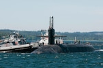 BANGOR, Wash. (May 6, 2016) - The Ohio-class ballistic-missile submarine USS Pennsylvania (SSBN 735) returns to Naval Base Kitsap-Bangor following a routine strategic deterrent patrol. Pennsylvania is one of eight ballistic-missile submarines stationed at the base providing the most survivable leg of the strategic deterrence triad for the United States. (U.S. Navy photo by Lt. Cmdr. Michael Smith/Released)