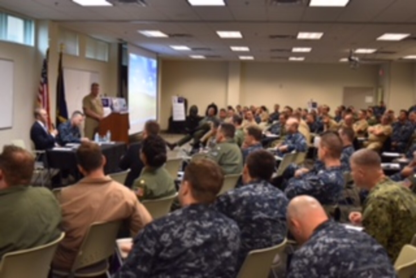 (Oct. 7, 2016) During a question and answer session, Dr. Andrew S. Erickson, PH.D Professor of Strategy, U.S. Naval War College, alongside Capt. Jeffrey T. Griffin, U.S. 7th Fleet Chief of Staff discusses the strategic direction of the U. S. Navy’s presence to Sailors attending the 2016 Navy Reserve 7th Fleet Asia-Pacific Symposium at Naval Air Station Joint Reserve Base (NAS JRB) Fort Worth, Oct. 7-8. Navy Reserve Commander U.S. 7th Fleet hosted more than 100 Sailors from active, reserve and integrated commands during the 2016 Asia-Pacific Symposium at NAS JRB Fort Worth. The Asia-Pacific Symposium is designed to enhance the operational readiness of Reserve Sailors by providing training and exposure to the U.S. 7th Fleet area of responsibility. 