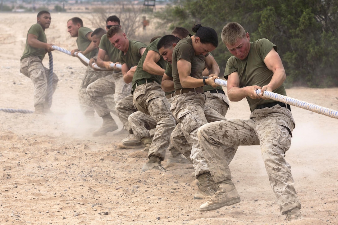 Marines compete in a tug of war during a squad competition at the Cannon Air Defense Complex in Yuma, Ariz., Oct. 24, 2016. The Marines are assigned to the 8th Engineer Support Battalion. Marine Corps photo by Lance Cpl. Christian Cachola