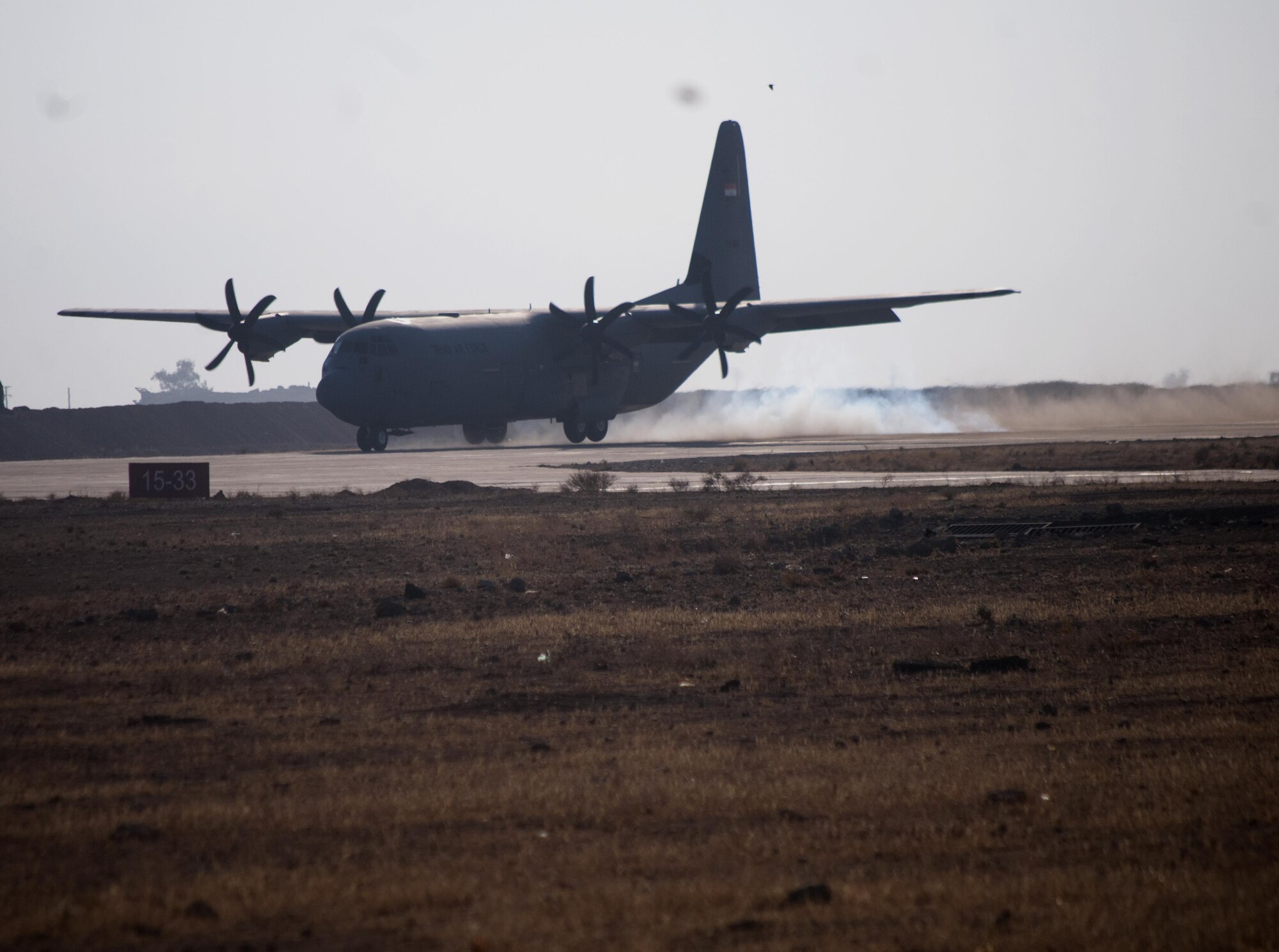 An Iraqi Air Force C-130J Super Hercules conducts the first Iraqi fixed-wing aircraft landing at Qayyarah West Airfield, Iraq, Oct. 30, 2016.  This was the first time a fixed wing aircraft from the Iraqi security forces landed at Qayyarah West Airfield since the base was occupied by Islamic State of Iraq and the Levant in 2014. Coalition forces reconstructed the airfield as part of their effort to assist ISF as the seize territory from Islamic State of Iraq and the Levant. Qayyarah West Airfield serves as a logistics hub for ongoing Coalition operations in northern Iraq. (U.S. Army photo by 1st Lt. Daniel Johnson)