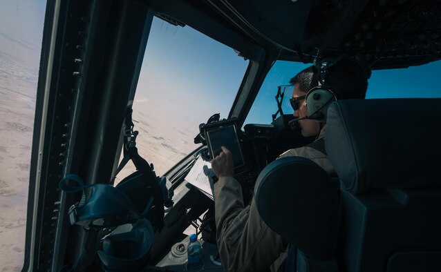 Capt. Shawn McDonald, 816th Expeditionary Airlift Squadron pilot, flies a resupply mission in support of Combined Joint Task Force - Operation Inherent Resolve in a C-17 Globemaster III, Oct. 28, 2016. The squadron is actively engaged in tactical airlift operations supporting the Mosul offensive. (U.S. Air Force photo by Senior Airman Jordan Castelan)