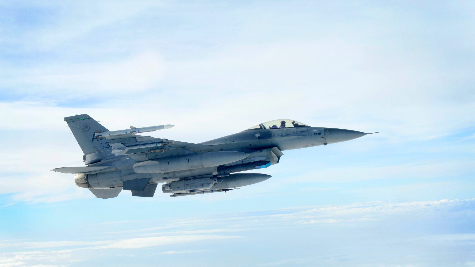 An F-16 Fighting Falcon assigned to the 555th Fighter Squadron, flies over the Adriatic Sea during a training flight on Oct. 25, 2016. The 555th FS along with the 510th Fighter Squadron train regularly to ensure they can deter aggression, defend U.S. and NATO interests, and develop Aviano through superior combat air power. (U.S. Air Force photo by Senior Airman Areca T. Bell/Released)