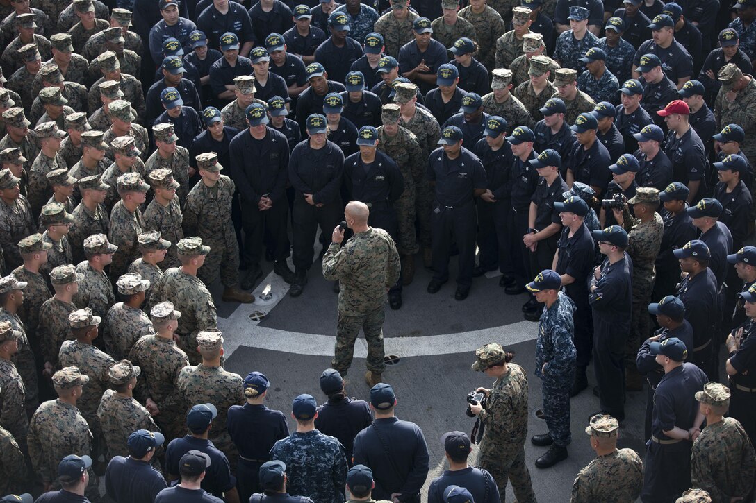 U.S. Marine Corps Maj. Gen. Richard L. Simcock II, commanding officer, 3rd Marine Division, speaks to Marines and Sailors aboard the USS Green Bay during Blue Chromite 2017 in Okinawa, Japan, Oct. 28, 2016. Simcock, a native of San Mateo, California, addressed the importance of blue-green integration and the strategic role it plays in the dynamic region. Blue Chromite is a U.S.-only exercise which strengthens the Navy-Marine Corps expeditionary, amphibious rapid-response capabilities based in Okinawa and the greater Indo-Asia-Pacific region.