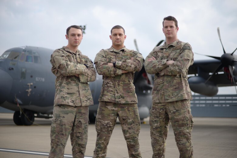 U.S. Air Force Staff Sgt. Joshua Call, left, Staff Sgt. Samuel Haydon, center, and Staff Sgt. Gary Bjerke, all instructor load masters assigned to the 67th Special Operations Squadron, stand in front of a MC-130J Commando II assigned to the 67th Special Operations Squadron Oct. 14, 2016, on RAF Mildenhall, England. The Commando II flies low visibility, single or multi-ship, low-level air refueling, and infiltration, exfiltration, and resupply of special operations forces by airdrop or air-land intruding politically sensitive or hostile territories. (U.S. Air Force photo by Senior Airman Christine Halan)