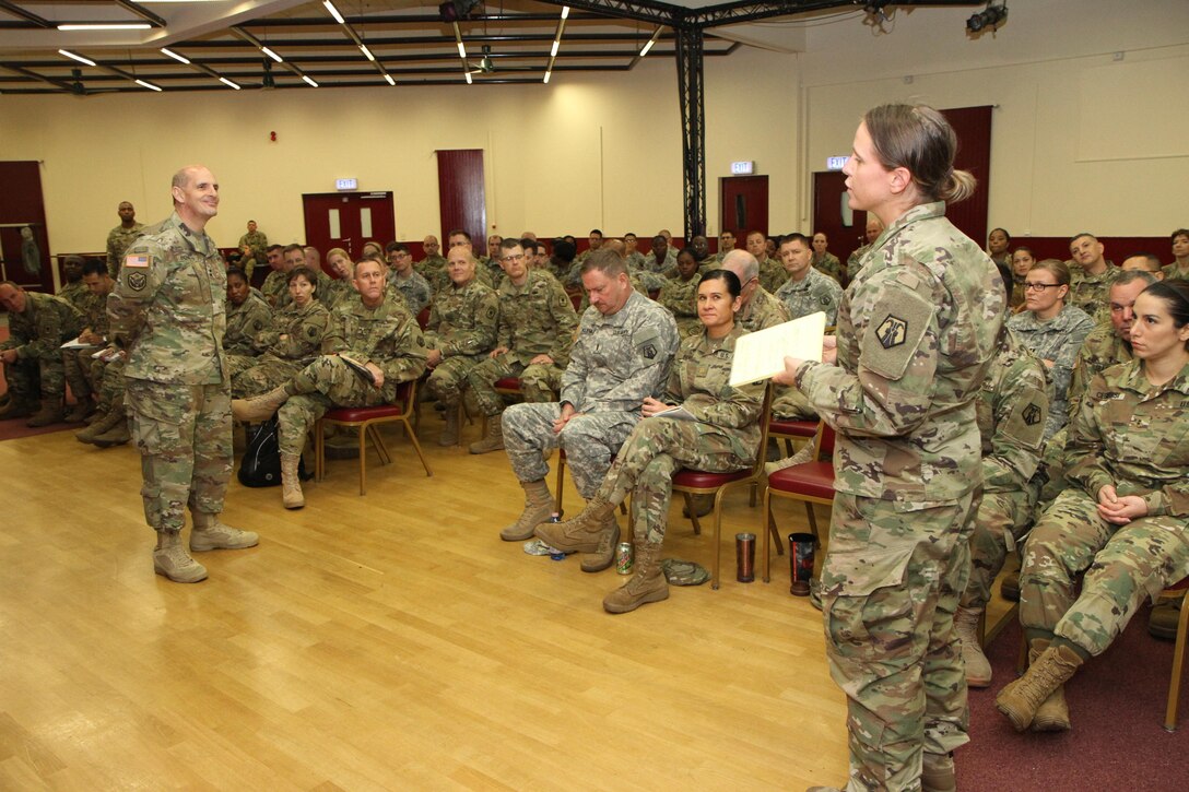 Maj. Gen. Paul M. Benenati, left, the Deputy Chief of Staff, U.S. Army Training and Doctrine Command,listens to a question from Maj. Kelly Pajak, Sunday Oct. 23, 2016 at the Kaiserslautern Community Activities Center on Daenner Kaserne in Kaiserslautern, Germany. Benenati spent the weekend talking to leaders, officers and Soldiers of the 7th MSC. Benenati served as the unit's commanding general from 2012-2014. (Photo by Sgt. Daniel Friedberg)