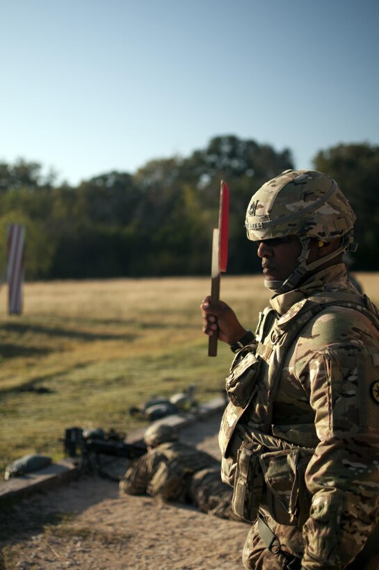 Sgt. 1st Class Barry Reaves, the senior equal opportunity adviser with the 316th Sustainment Command (Expeditionary), a Army Reserve unit from Coraopolis, Pa., supervises soldiers as a firing range safety officer at a M249 Light Machine Gun firing range hosted by III Corps and Fort Hood Oct 26, 2016 at Fort Hood, Tx.(U.S. Army photo by Sgt. Christopher Bigelow)