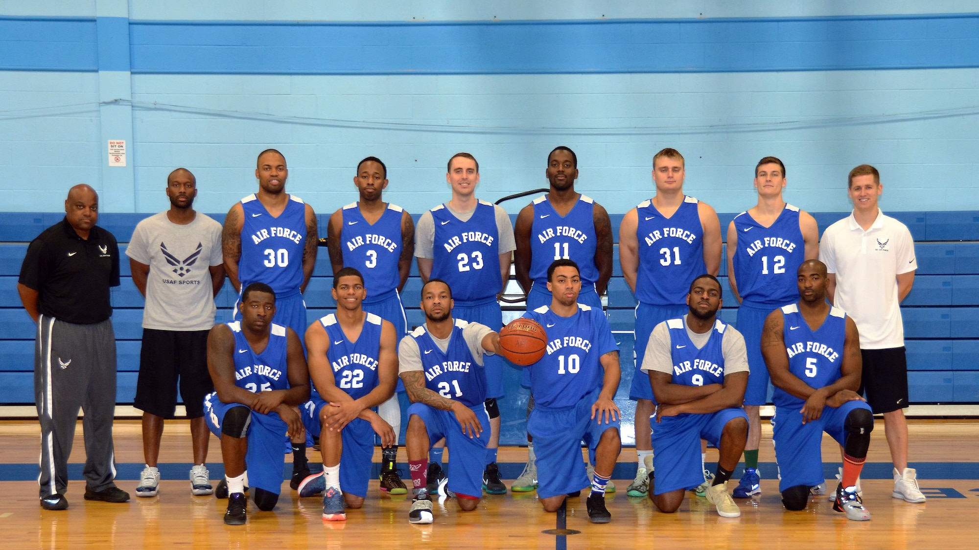 The All-Air Force men's basketball team, seeking its ninth consecutive Armed Forces championship, finalized its 12-man roster before the Armed Forces Tournament, which runs Oct. 31-Nov. 8, at Marine Corps Base Quantico, Virginia. Members are: (kneeling, from left): Senior Airman Gregory Wilson of Joint Base Langley-Eustis, Virginia; Senior Airman Travares Peterson of Joint Base Andrews, Maryland; Senior Airman Daveon Allen of Nellis Air Force Base; Nevada; Senior Airman Anthony Morris of Maxwell Air Force Base, Alabama; Staff Sgt. Brian Washington of Hurlburt Field, Florida; Staff Sgt. James Lewis of Spangdahlem Air Base, Germany; (top row, from left): trainer Michael Richardson of JBSA Lackland, Texas; assistant coach Tech Sgt. Roderick Green of JBSA-Lackland; Senior Airman Jahmal Lawson of Aviano Air Base, Italy; Senior Airman Darian Donald of Misawa Air Base; Japan; 1st Lt. Michael Fitzgerald of Hanscom Air Force Base, Massachusetts; Staff Sgt. Anthony McDowel of MacDill Air Force Base, Florida; 1st Lt. Chase Kammerer of Eglin Air Force Base, Florida; 2nd Lt. Scott Adler of Eglin AFB; and head coach Capt. Scott Stucky of Wright-Patterson Air Force Base, Ohio. (U.S. Air Force photo by Steve Warns)