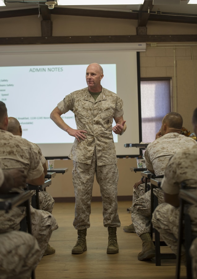 Colonel David W. Edson, Assistant Chief of Staff G1, Marine Forces Reserve speaks to senior administrators attending the Battalion Level Administration Management initiative at the 2016 Senior Administrator Symposium aboard Naval Air Station Joint Reserve Base Belle Chasse, La., Oct. 12-13, 2016. Edson spoke on the importance of ensuring all MARFORRES units are  administratively ready across the board. The symposium utilized instruction and practical application to help senior administrative personnel understand how and why the implementation of the Battalion Level Administrative Management initiative will improve Reserve units’ ability to pass MCAAT inspections. The initiative will mitigate the issues with the current system. (U.S. Marine Corps photo by Sgt. Sara Graham)
