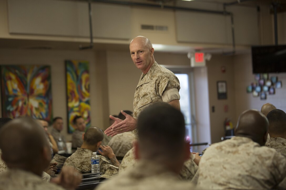 Colonel David W. Edson, Assistant Chief of Staff G1, Marine Forces Reserve, speaks to senior administrators attending the Battalion Level Administration Management initiative at the 2016 Senior Administrator Symposium aboard Naval Air Station Joint Reserve Base Belle Chasse, La., Oct. 12-13, 2016. Edson spoke on the importance of ensuring all MARFORRES units are administratively ready across the board. The symposium utilized instruction and practical application to help senior administrative personnel understand how and why the implementation of the Battalion Level Administrative Management initiative will improve Reserve units’ ability to pass MCAAT inspections. The initiative will mitigate the issues with the current system. (U.S. Marine Corps photo by Sgt. Sara Graham) 

