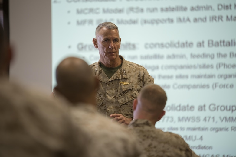 Lieutenant General Rex C. McMillian, commander of Marine Forces Reserve and Marine Forces North, speaks to senior administrators attending the Battalion Level Administration Management initiative at the 2016 Senior Administrator Symposium aboard Naval Air Station Joint Reserve Base Belle Chasse, La., Oct. 12-13, 2016. McMillian spoke on 
the importance of ensuring all MARFORRES units administratively ready across the board. The symposium utilized instruction and practical application to help senior administrative personnel understand how and why the implementation of the Battalion Level Administrative Management initiative will improve Reserve units’ ability to pass MCAAT inspections. The initiative will mitigate the issues with the current system. (U.S. Marine Corps photo by Sgt. Sara Graham) 
