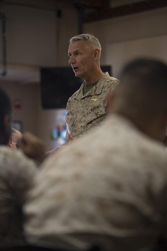 Lieutenant General Rex C. McMillian, commander of Marine Forces Reserve and Marine Forces North, speaks to senior administrators attending the Battalion Level Administration Management initiative at the 2016 Senior Administrator Symposium aboard Naval Air Station Joint Reserve Base Belle Chasse, La., Oct. 12-13, 2016. McMillian spoke on 
the importance of ensuring all MARFORRES units are administratively ready across the board. The symposium utilized instruction and practical application to help senior administrative personnel understand how and why the implementation of the Battalion Level Administrative 
Management initiative will improve Reserve units’ ability to pass MCAAT inspections. The initiative will mitigate the issues with the current system. (U.S. Marine Corps photo by Sgt. Sara Graham) 
