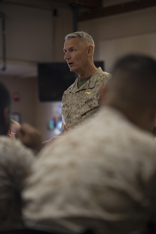 Lieutenant General Rex C. McMillian, commander of Marine Forces Reserve and Marine Forces North, speaks to senior administrators attending the Battalion Level Administration Management initiative at the 2016 Senior Administrator Symposium aboard Naval Air Station Joint Reserve Base Belle Chasse, La., Oct. 12-13, 2016. McMillian spoke on 
the importance of ensuring all MARFORRES units are administratively ready across the board. The symposium utilized instruction and practical application to help senior administrative personnel understand how and why the implementation of the Battalion Level Administrative 
Management initiative will improve Reserve units’ ability to pass MCAAT inspections. The initiative will mitigate the issues with the current system. (U.S. Marine Corps photo by Sgt. Sara Graham) 
