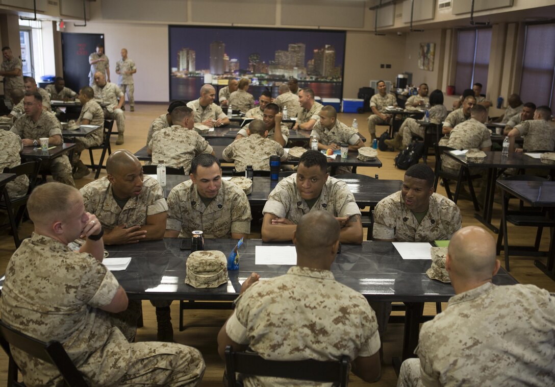 Senior administrative personnel work in groups during a practical application exercise at the 2016 Senior Administrator Symposium aboard Naval Air Station Joint Reserve Base Belle Chasse, La., Oct. 12-13, 2016. The symposium utilized instruction and practical application to help senior administrative personnel understand how and why the implementation of the Battalion Level Administrative Management initiative will improve Reserve units’ ability to pass MCAAT inspections. The initiative will mitigate the issues with the current system. (U.S. Marine Corps photo by Sgt. Sara Graham) 
